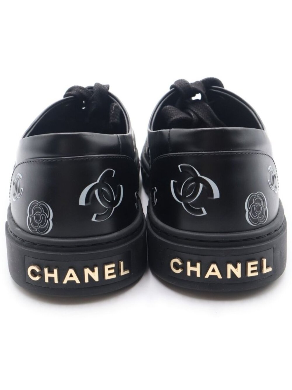 Chanel CC Logo Camellia Sneakers Black Fabric Leather - Picture 3 of 6